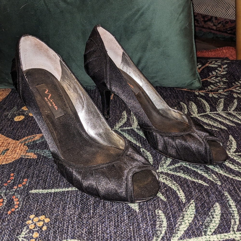 Nina Peep-Toe Heels in Black Satin
